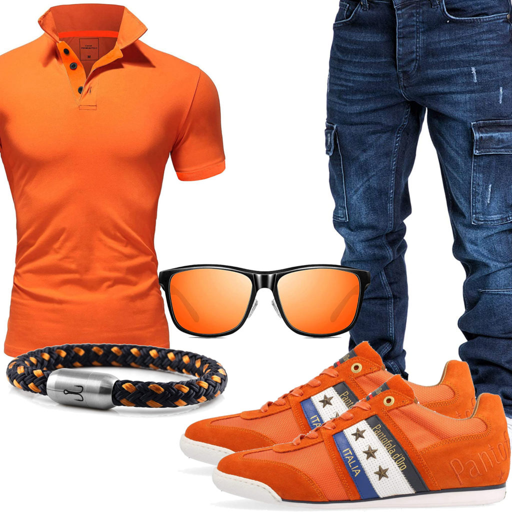 Orange-Blaues Herrenoutfit mit Poloshirt und Jeans