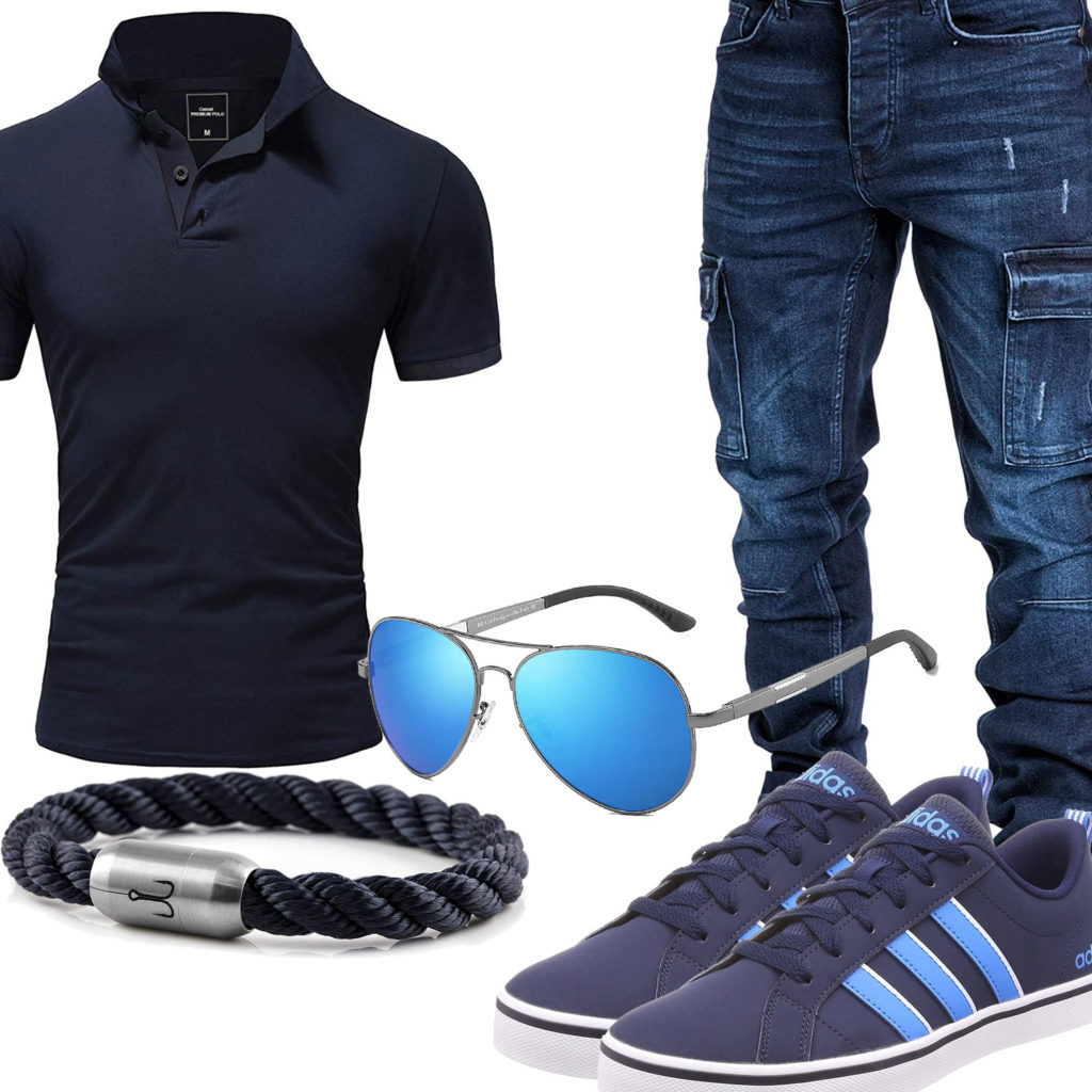 Blaues Herrenoutfit mit Hemd, Jeans und Sneakern