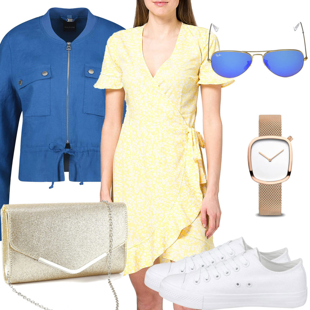 Sommer-Style mit gelbem Kleid, Clutch und Uhr