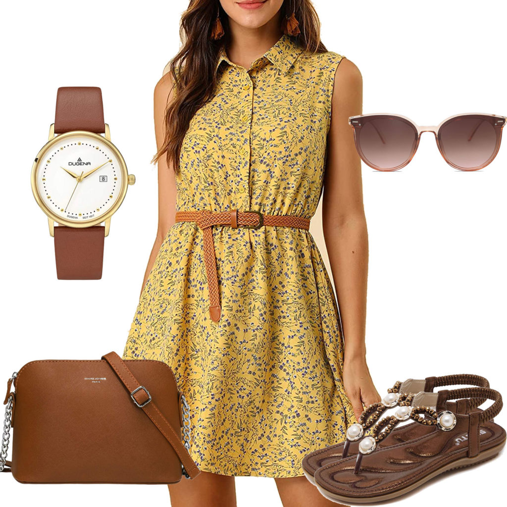 Sommer-Damenoutfit mit gelbem Kleid und Sonnenbrille