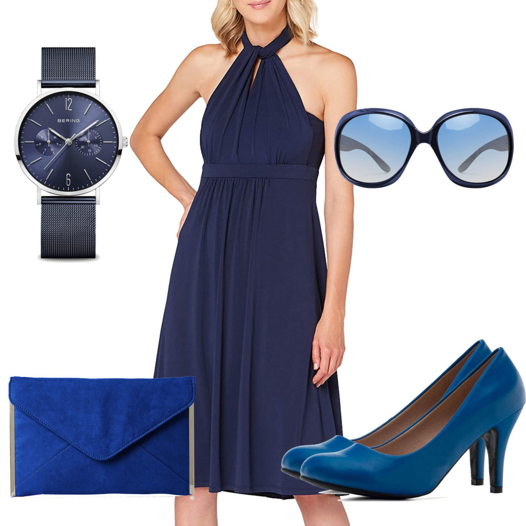 Blaues Damenoutfit mit Kleid, Pumps und Sonnenbrille