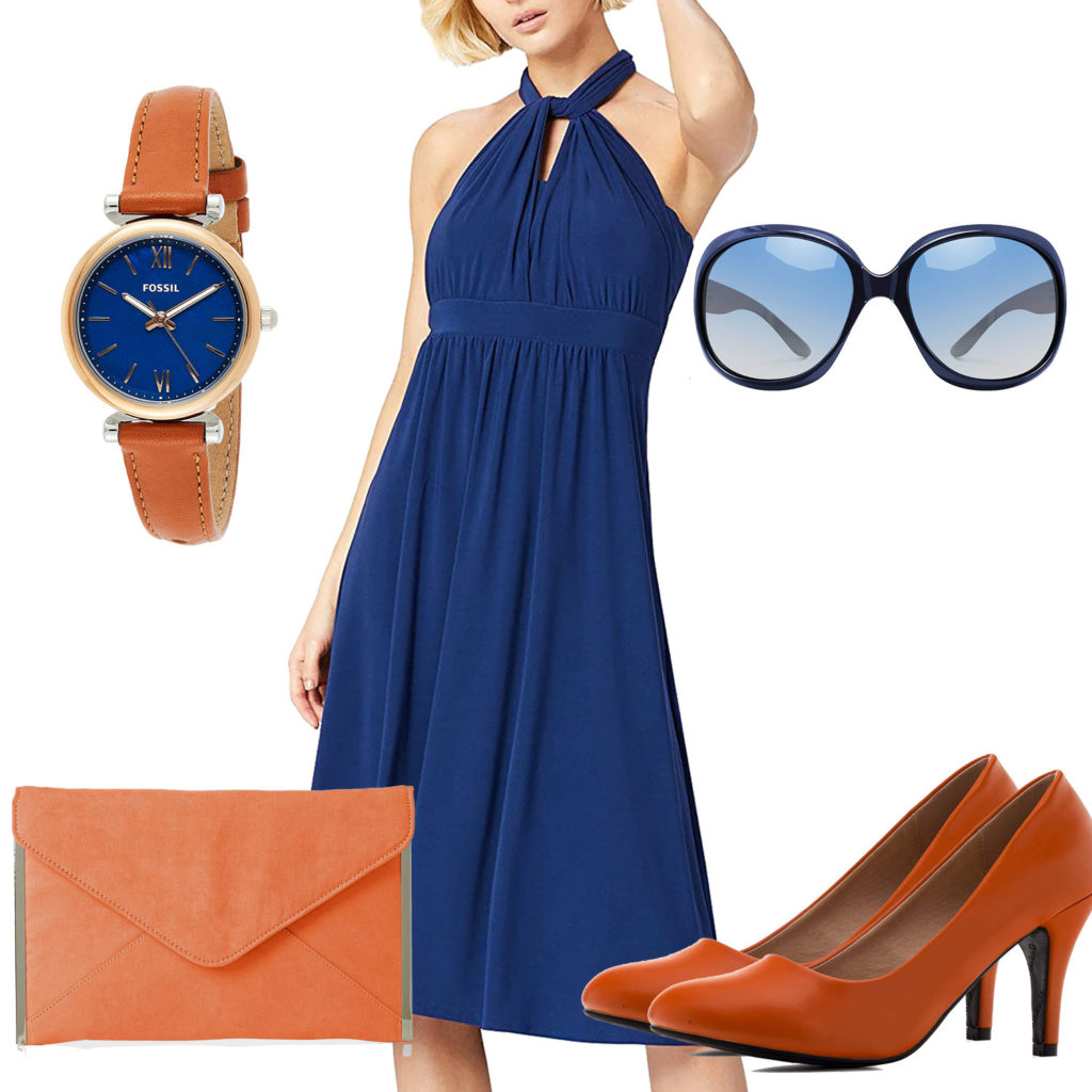 Blau-Oranges Damenoutfit mit Kleid und Pumps