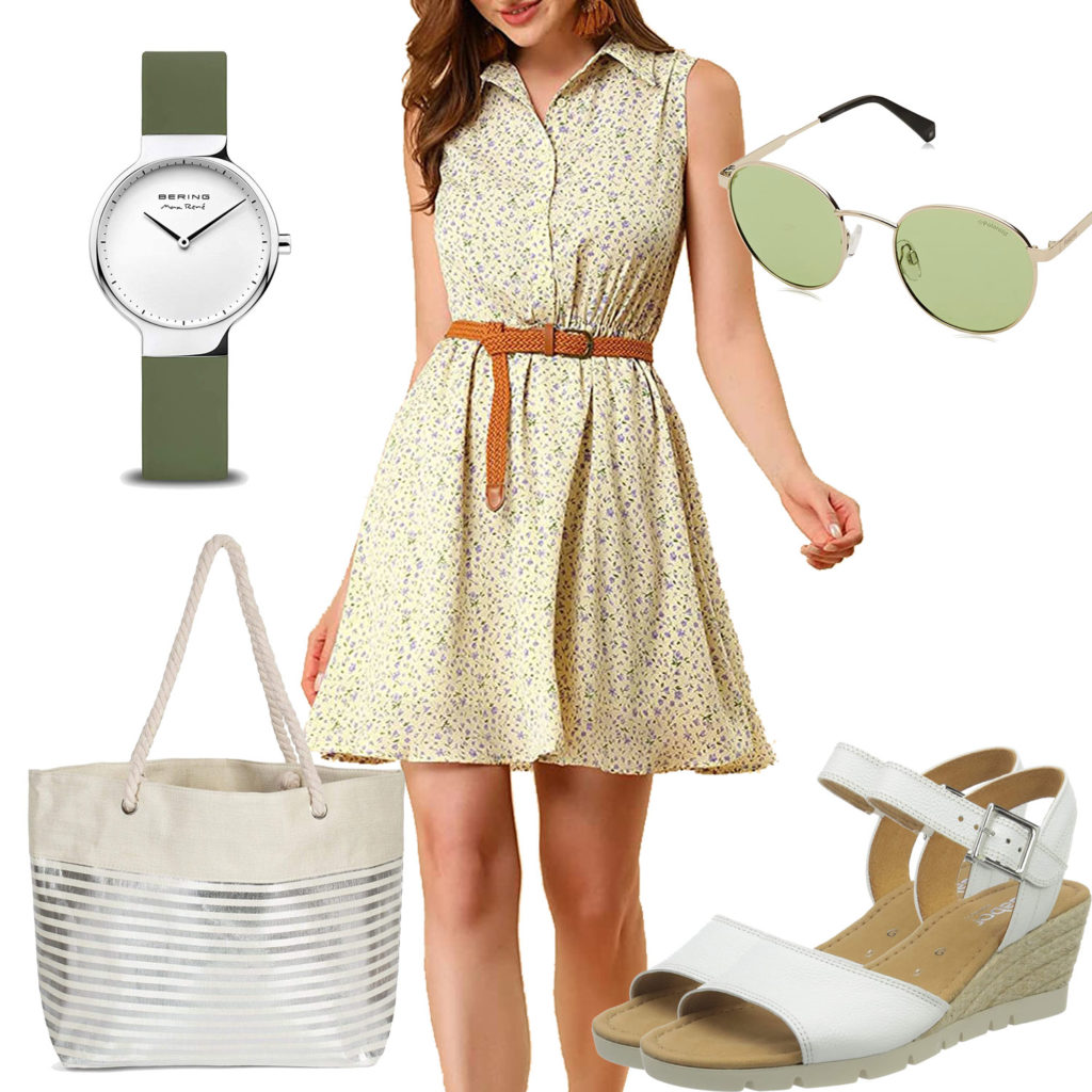 Grünes Sommer-Damenoutfit mit Kleid und Brille