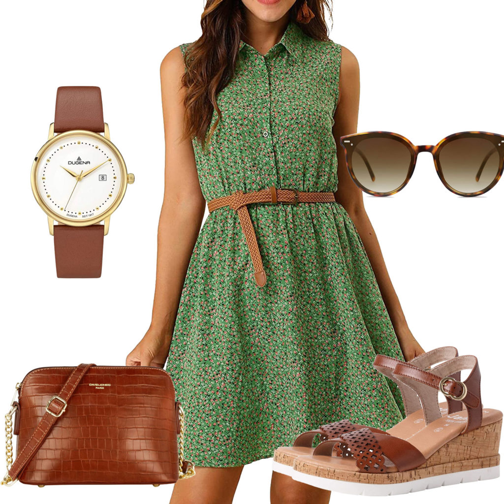 Sommer-Damenoutfit mit grünem Kleid und Brille