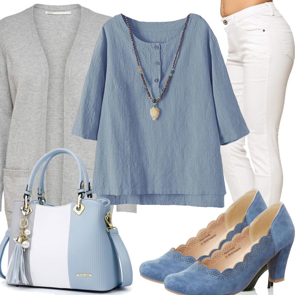 Sommer-Damenoutfit in Weiß, Hellblau und Grau