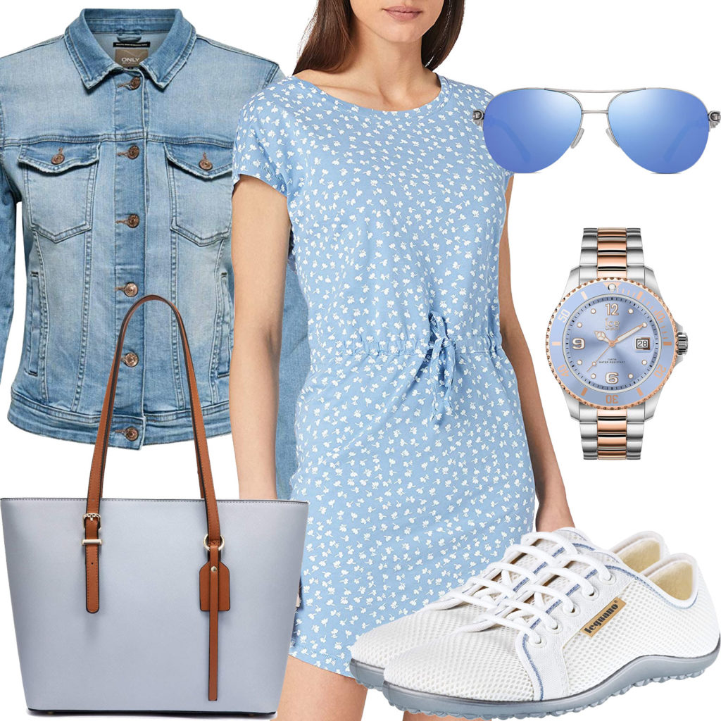 Hellblaues Damenoutfit mit Kleid, Uhr und Jeansjacke