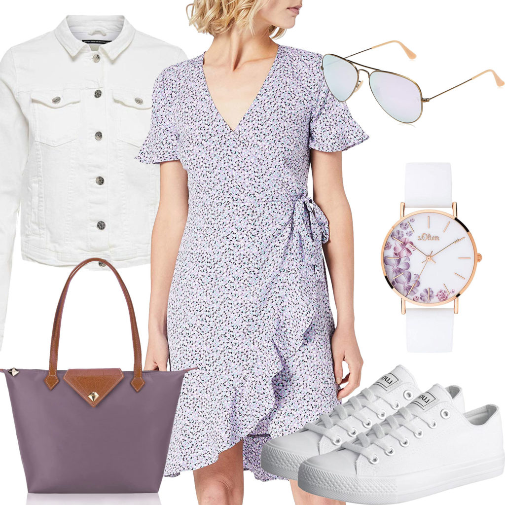 Weißes Sommer-Damenoutfit mit lila Kleid
