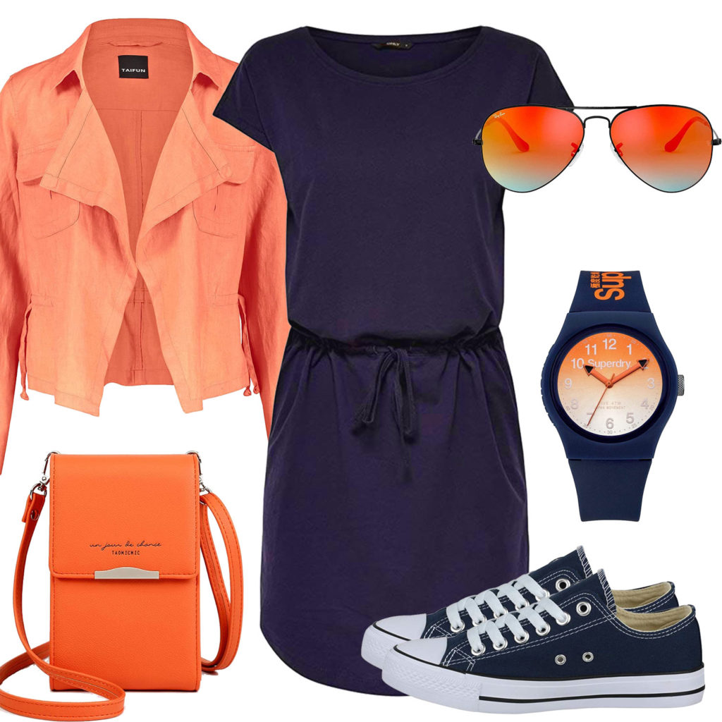 Blau-Oranges Frauenoutfit mit Kleid und Blazer