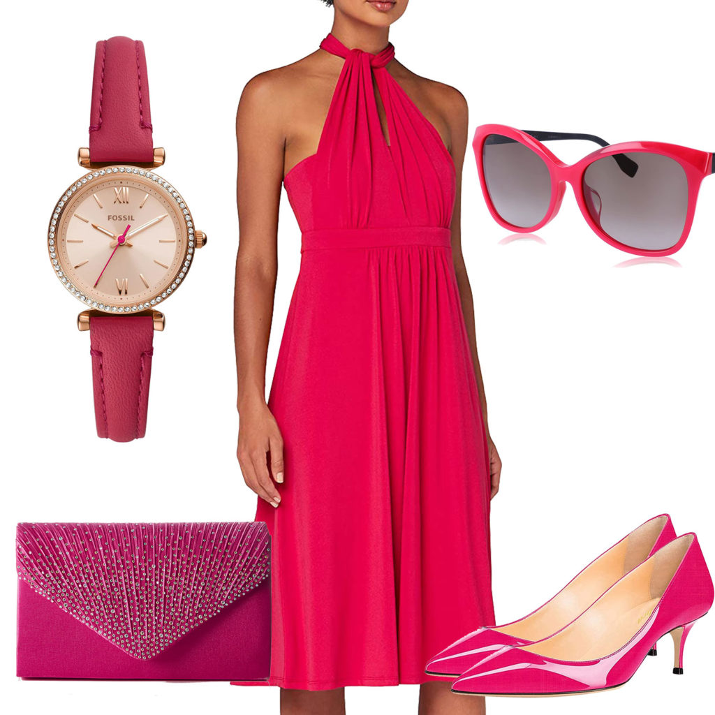 Pinkes Damenoutfit mit Kleid, Pumps und Uhr