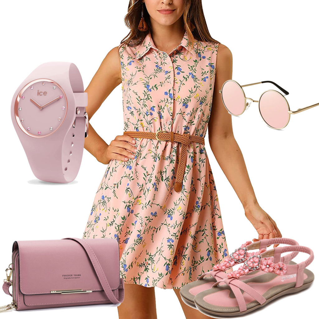 Rosa Damenoutfit mit Kleid, Brille und Armbanduhr
