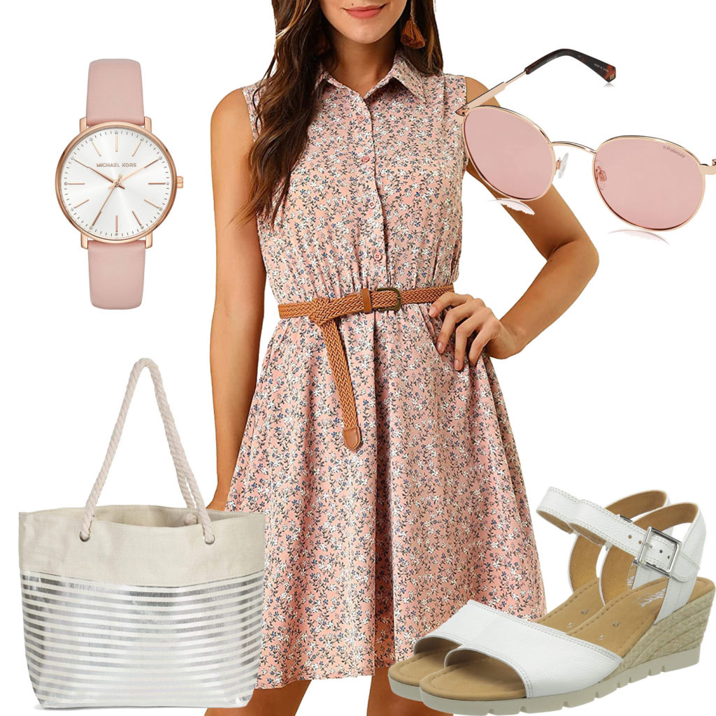 Rosa Frauenoutfit mit Kleid, Brille und Uhr