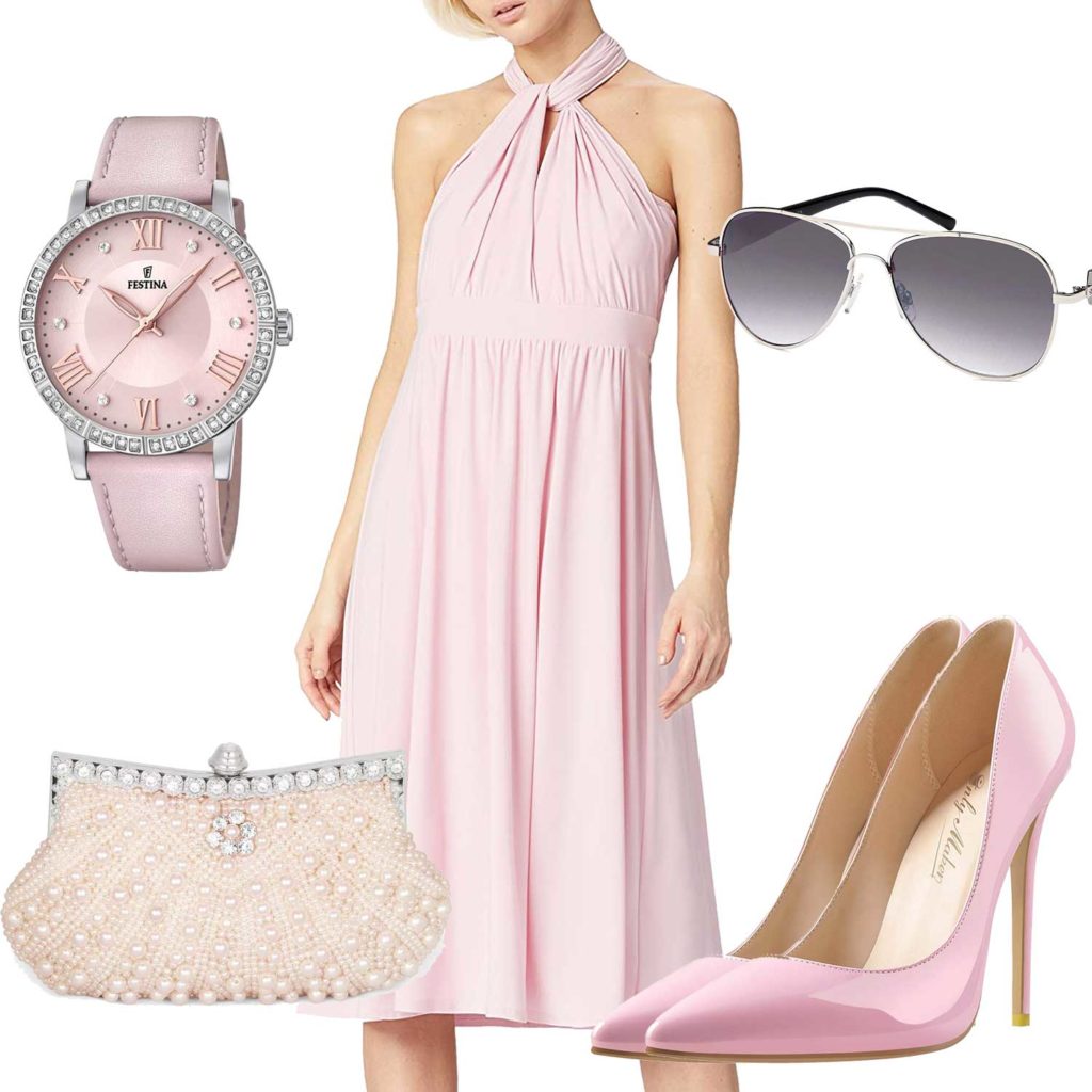 Rosa Damenoutfit mit Kleid, Uhr und Pumps