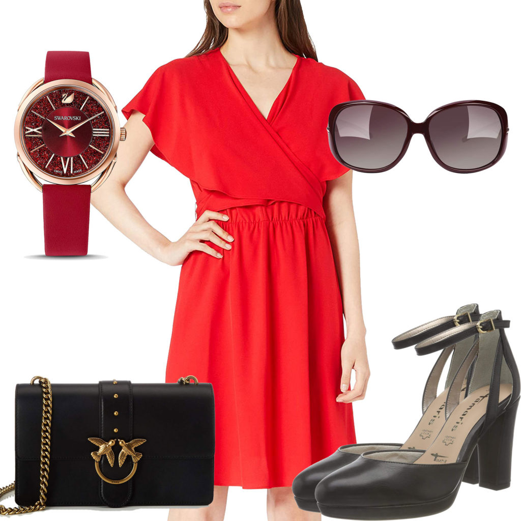 Schwarz-Rotes Frauenoutfit mit Kleid und Brille