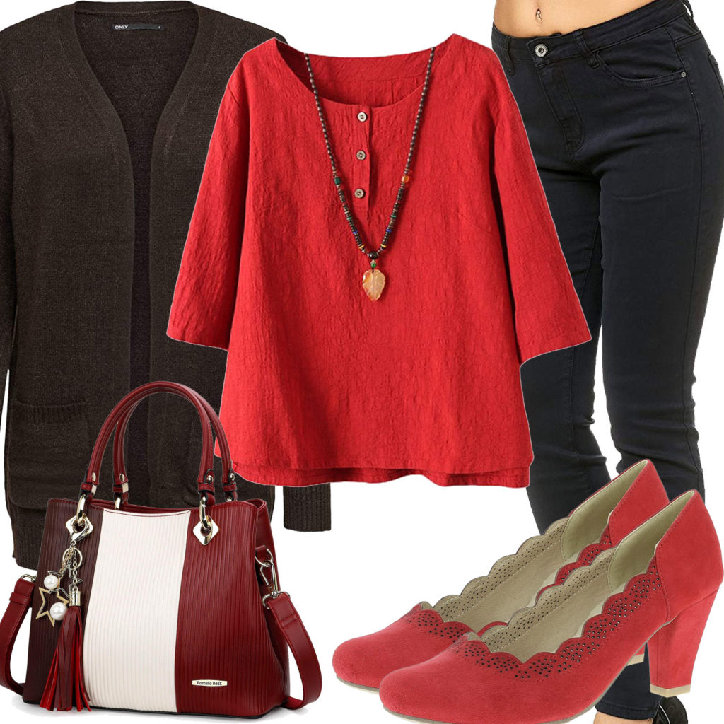 Schwarz-Rotes Frauenoutfit mit Bluse, Pumps und Strickjacke