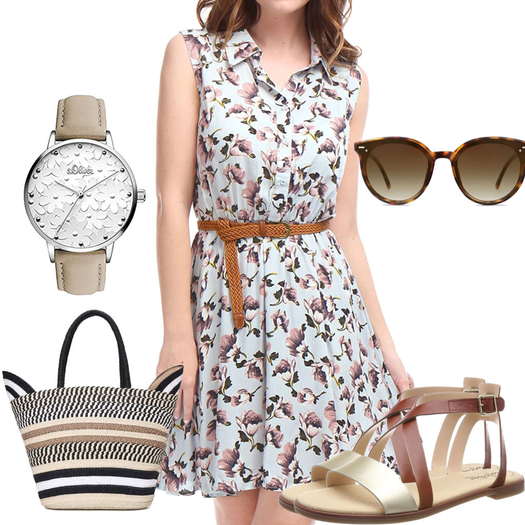 Sommer-Damenoutfit mit Kleid, Uhr und Sandalen