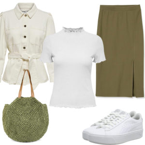 Grün-Weißes Damenoutfit mit Jeansjacke und Tasche