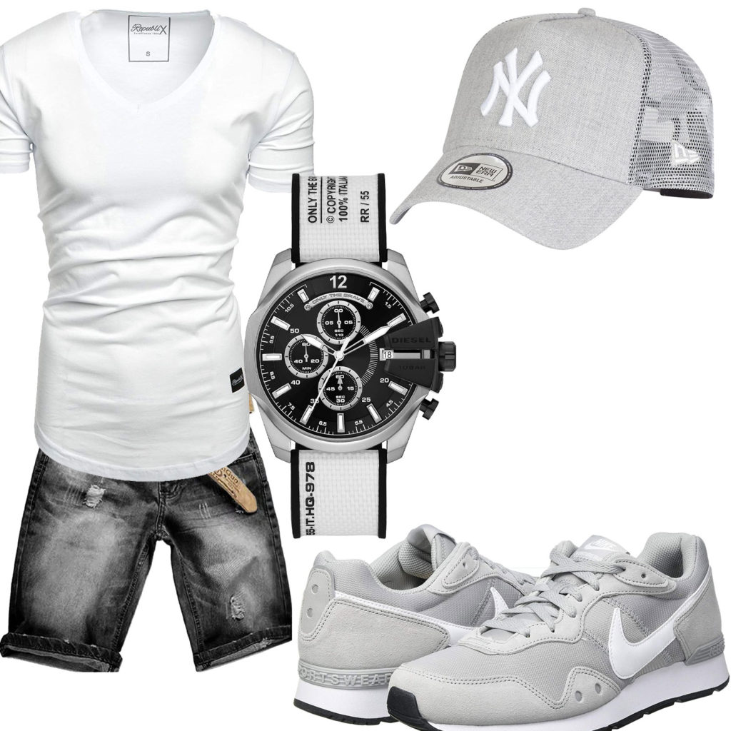 Weiß-Graues Herrenoutfit mit Shirt, Shorts und Cap