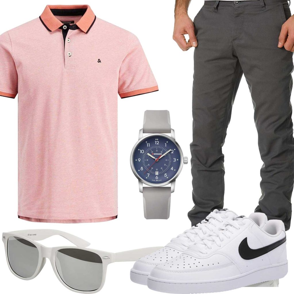 Sommer-Herrenoutfit mit Poloshirt, Chino und Brille