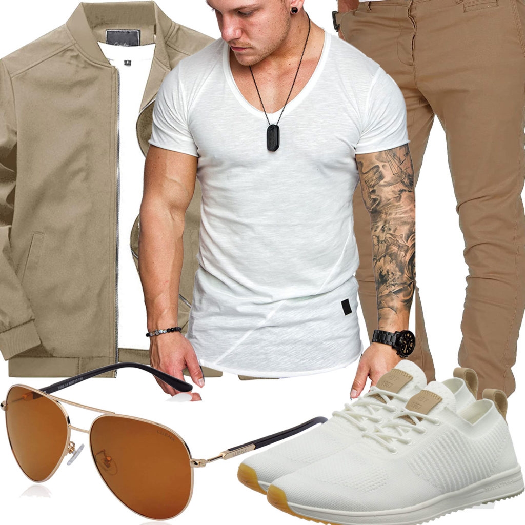 Beige-Weißes Herrenoutfit mit Shirt und Jogginghose