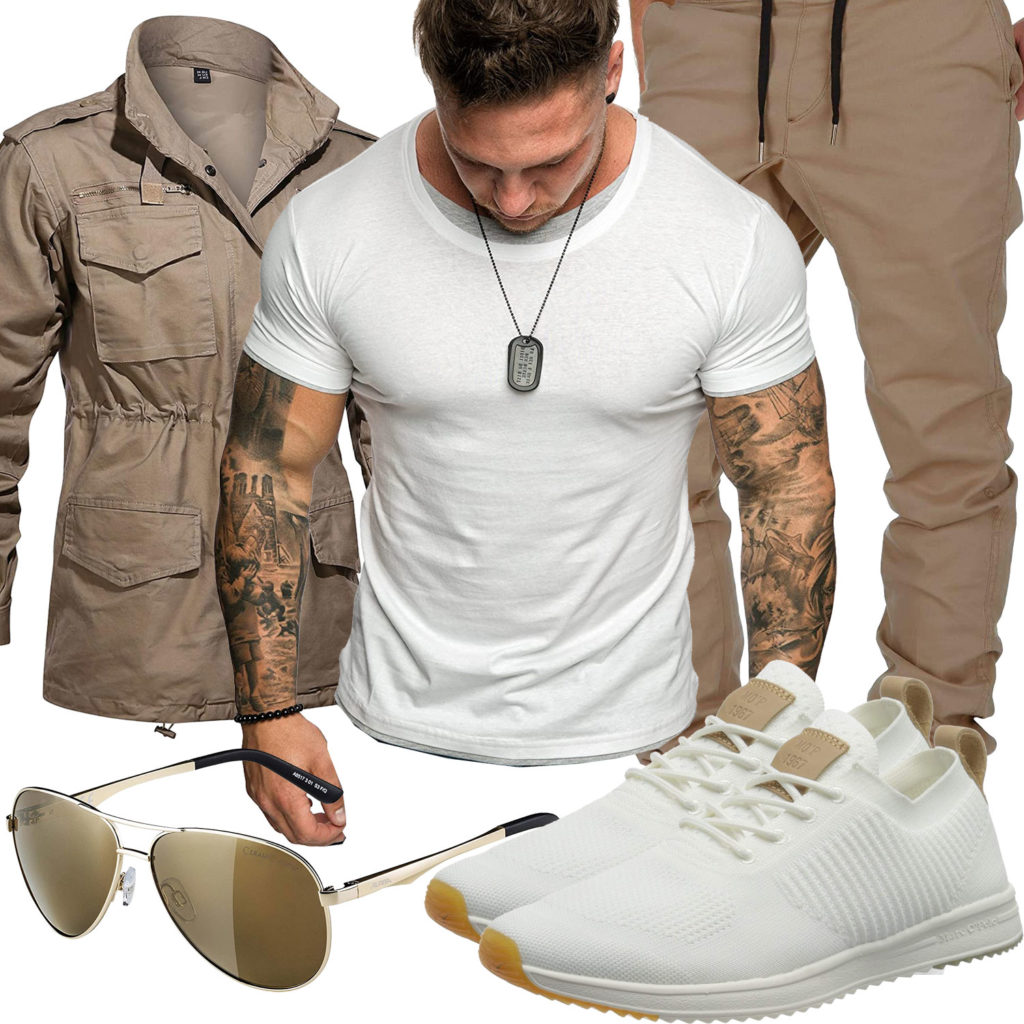 Beige-Weißes Herrenoutfit mit Shirt, Jacke und Sneakern