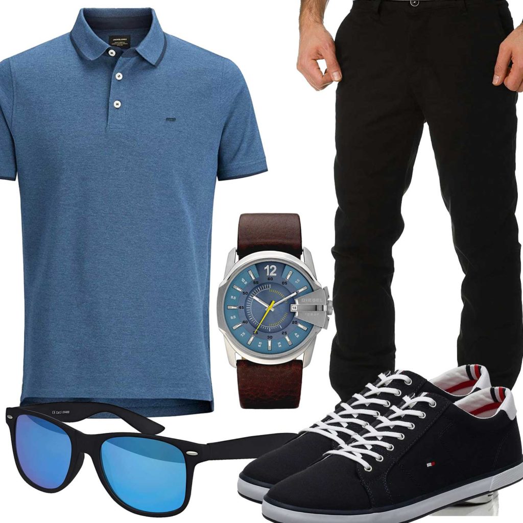 Blaues Herrenoutfit mit Poloshirt, Chino und Sneakern