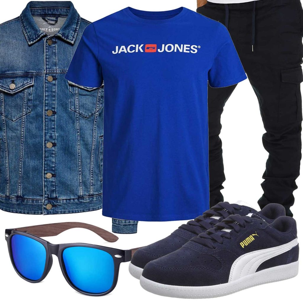 Blaues Männeroutfit mit Jeansjacke und Shirt