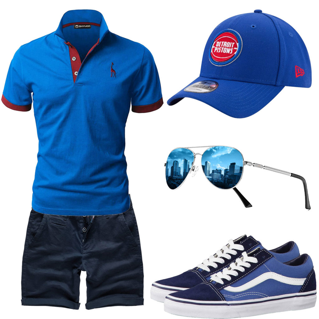 Blaues Herrenoutfit mit Poloshirt, Cap und Brille
