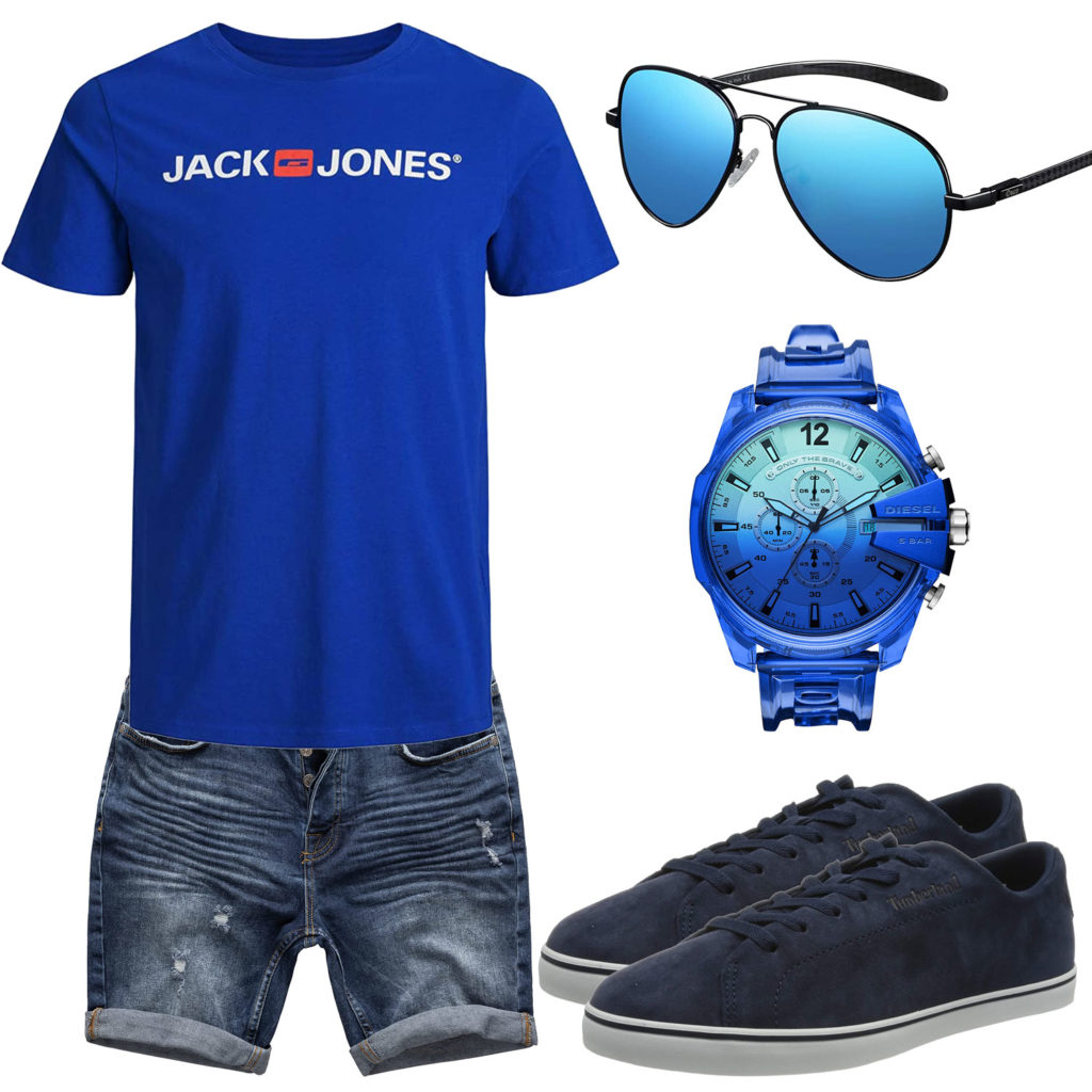 Blaues Herrenoutfit mit Shirt, Shorts und Brille