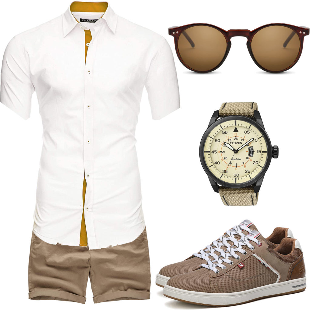 Beiges Sommer-Herrenoutfit mit weißem Hemd