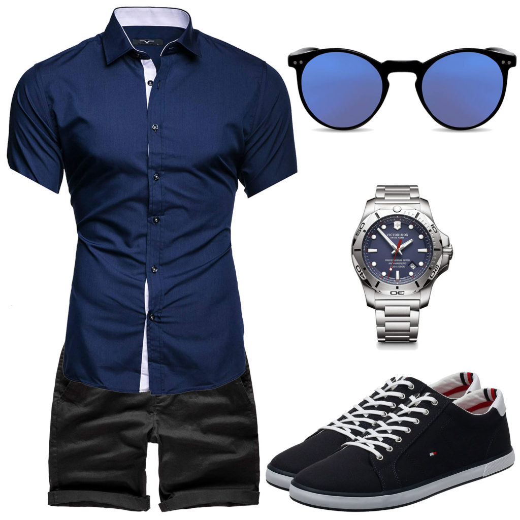 Dunkelblauer Style mit Hemd, Shorts und Uhr