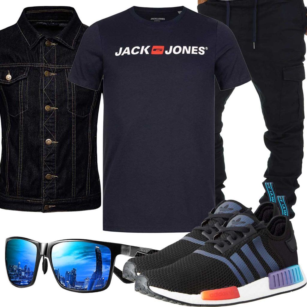 Schwarzes Herrenoutfit mit Shirt, Jeansjacke und Brille
