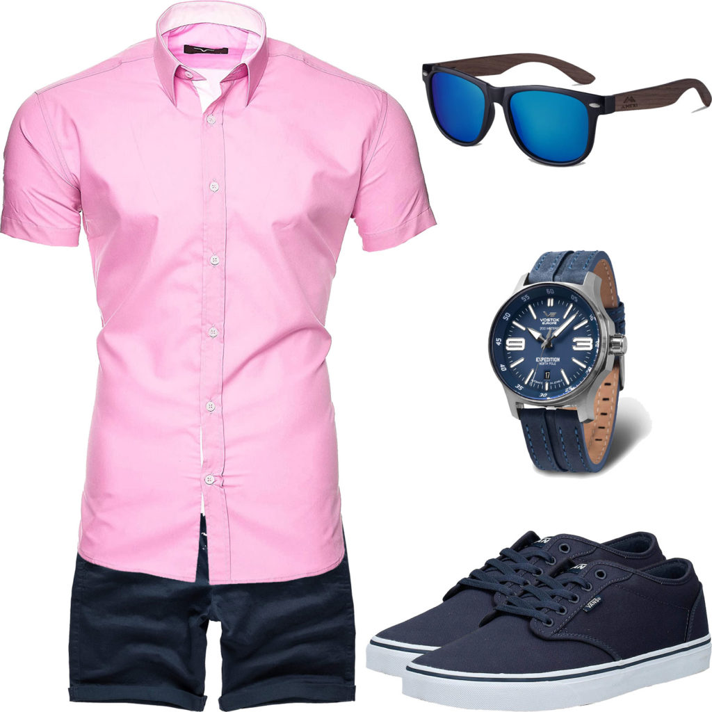 Dunkelblaues Sommer-Herrenoutfit mit rosa Hemd