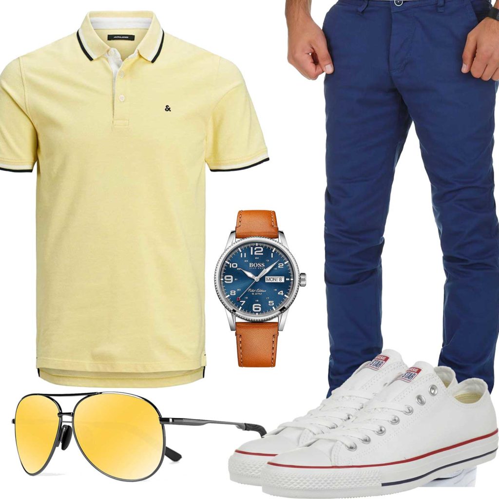 Sommer-Herrenoutfit mit gelbem Poloshirt und Brille