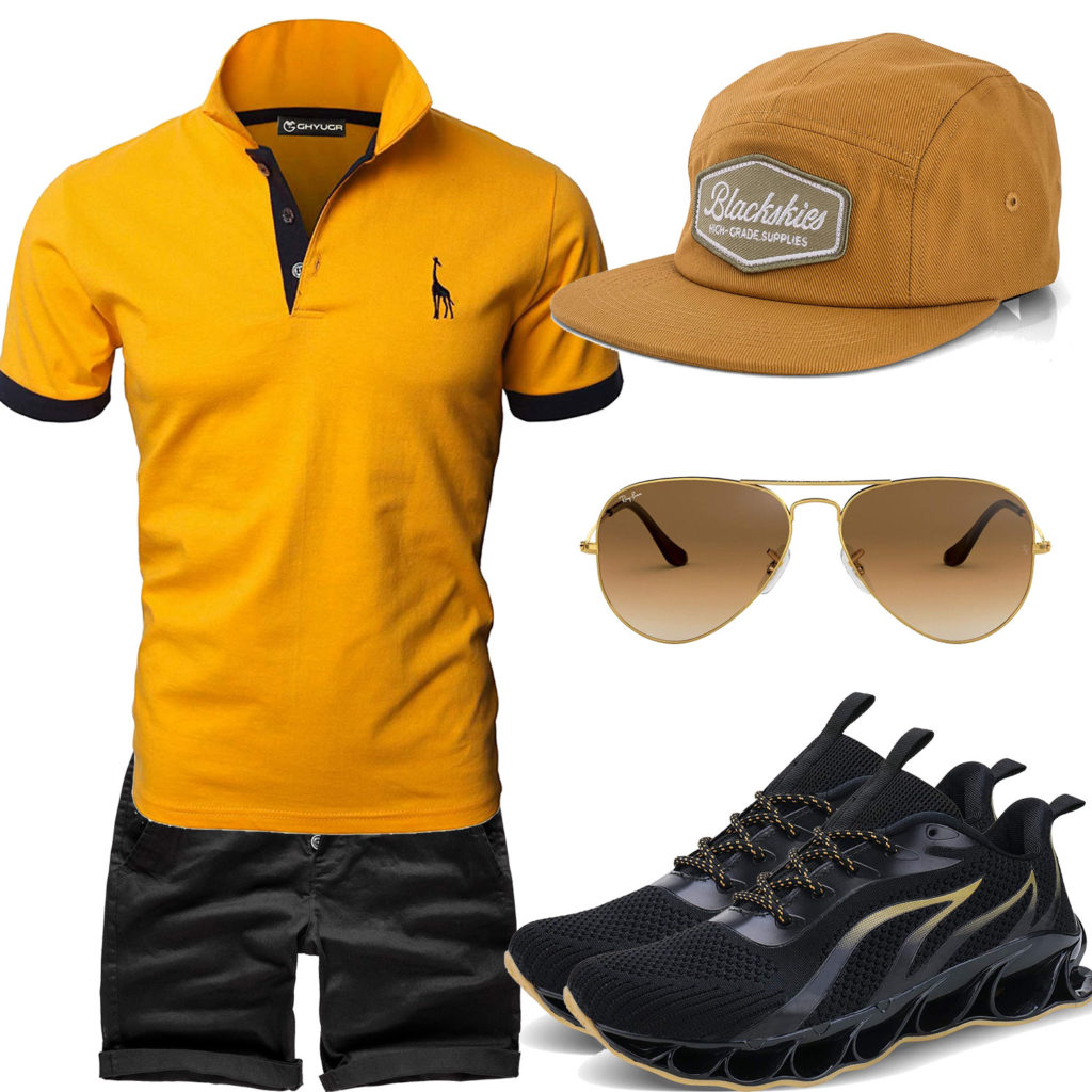 Gelb-Schwarzes Herrenoutfit mit Shirt und Shorts