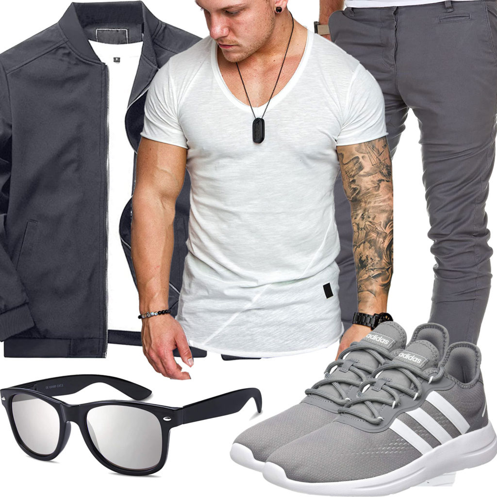 Grau-Weißes Herrenoutfit mit Shirt und Jogginghose