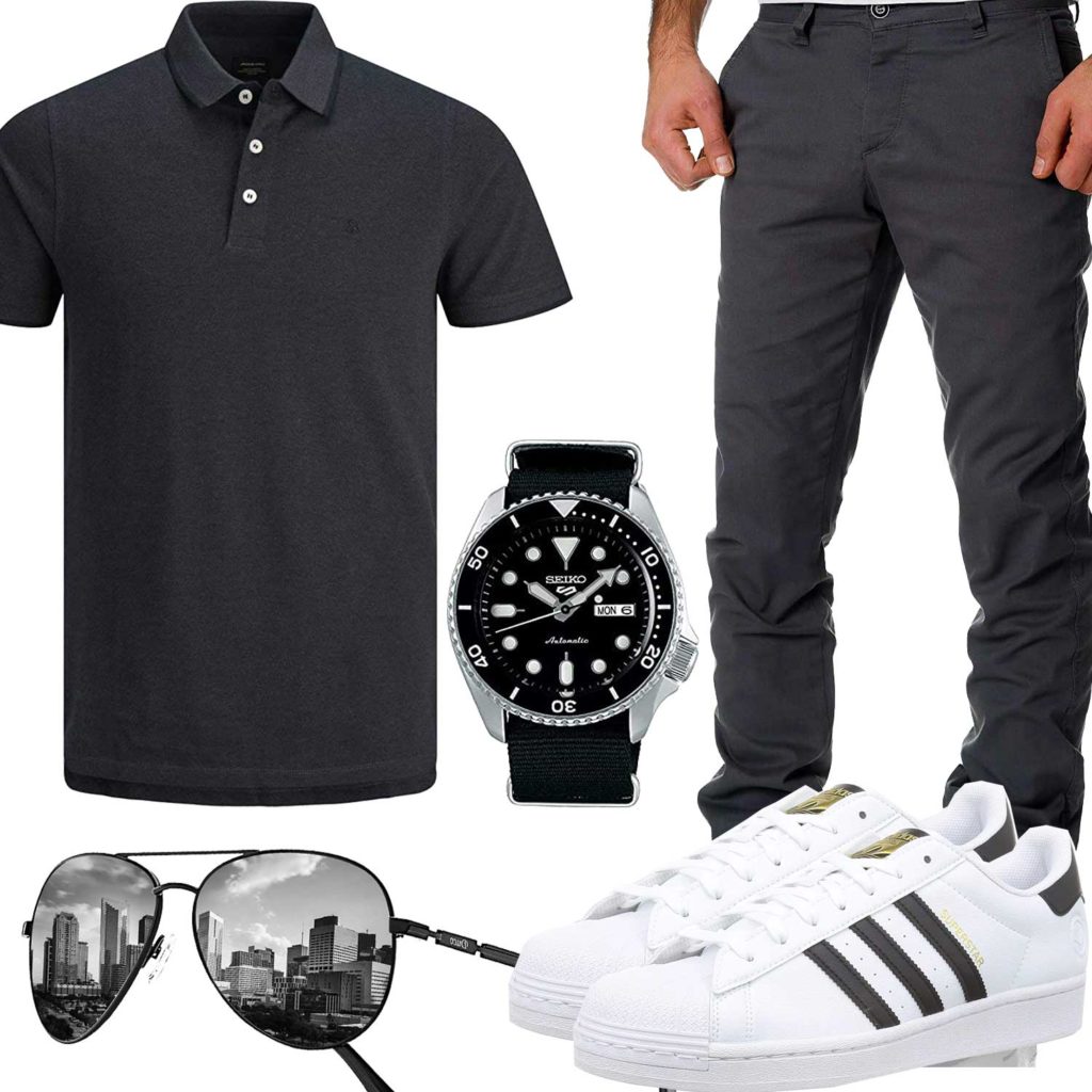 Schwarz-Weißes Herrenoutfit mit Poloshirt und Sneakern