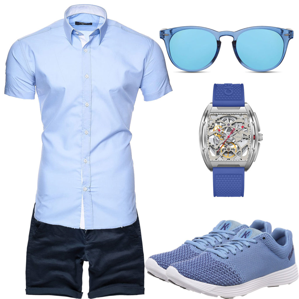 Hellblaues Herrenoutfit mit Hemd, Uhr und Sneakern