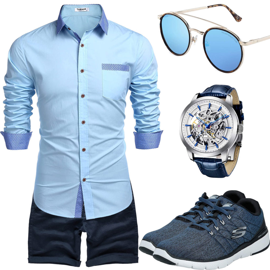 Blaues Sommer-Männeroutfit mit Hemd und Shorts