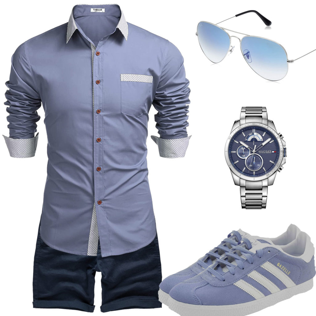 Hellblaues Sommer-Herrenoutfit mit Hemd und Brille