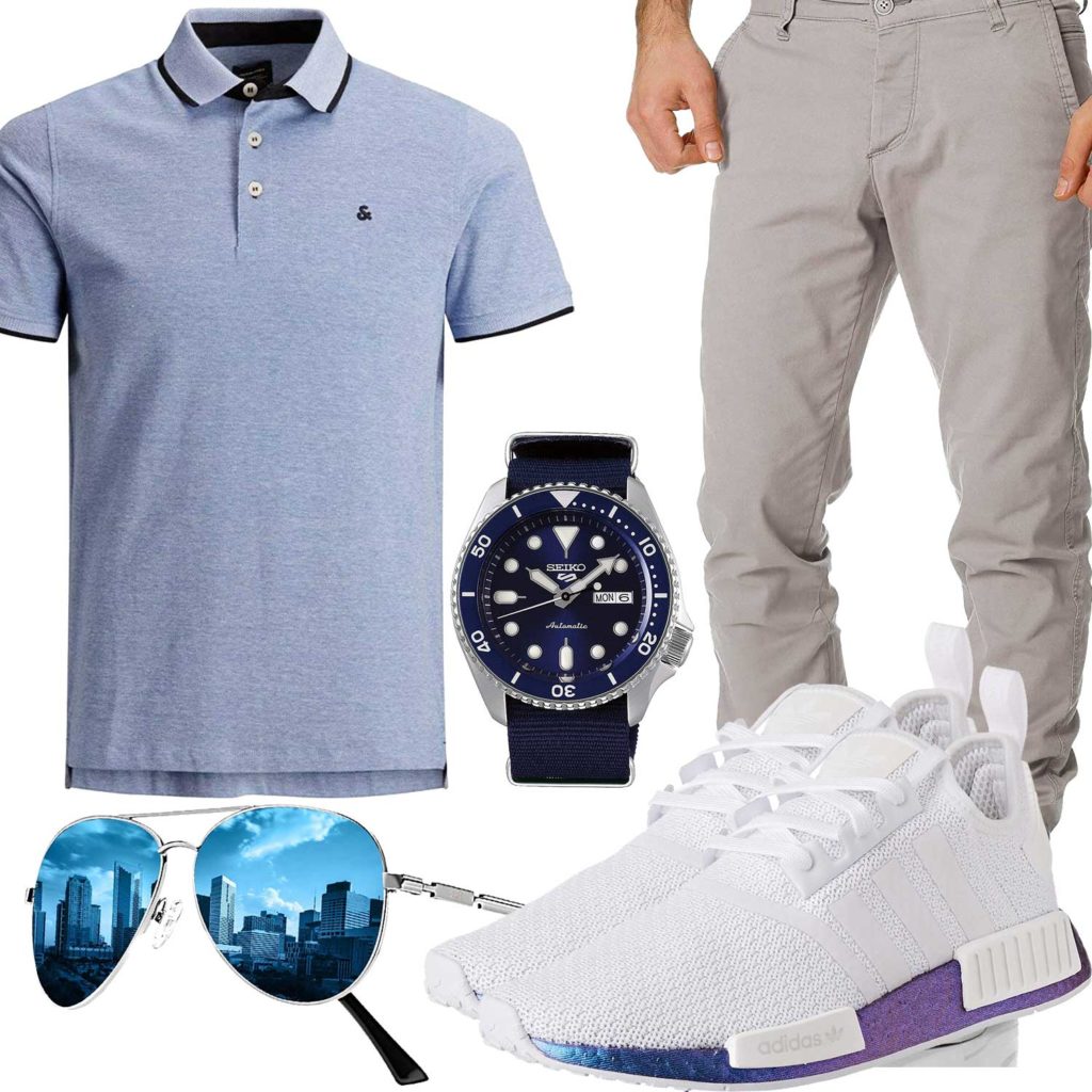 Blau-Graues Herrenoutfit mit Poloshirt und Uhr