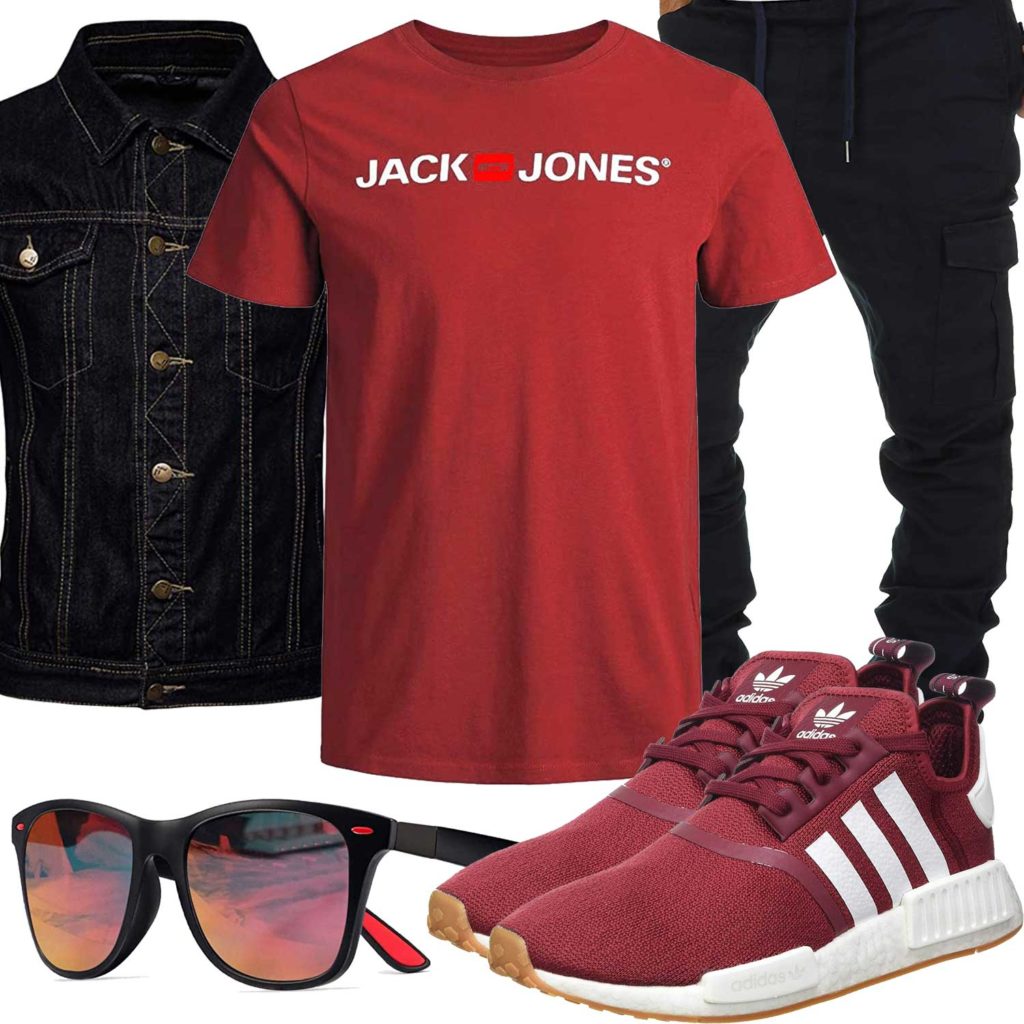 Schwarz-Rotes Männeroutfit mit Jeansjacke und Shirt
