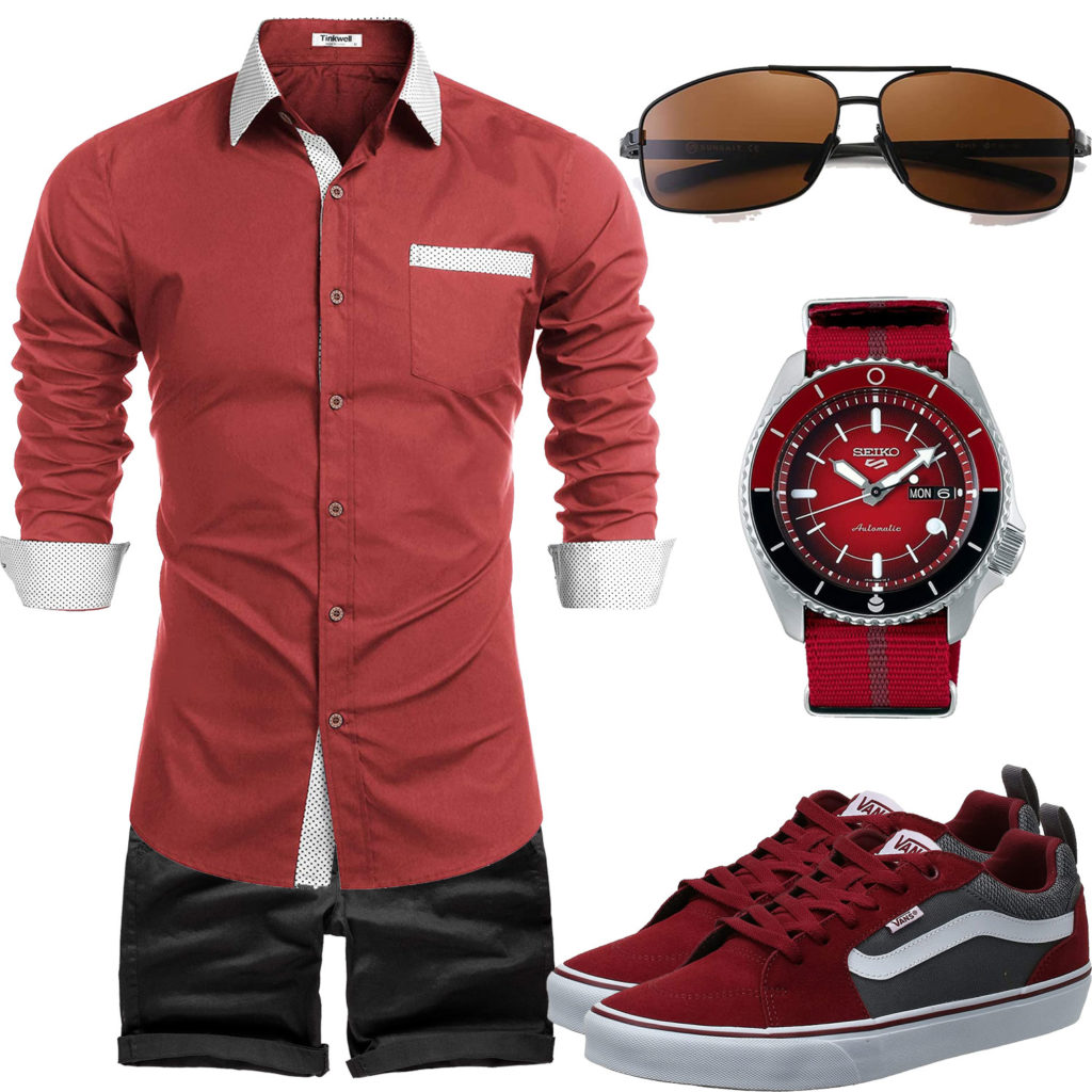 Rotes Herrenoutfit mit Hemd, Sneakern und Uhr
