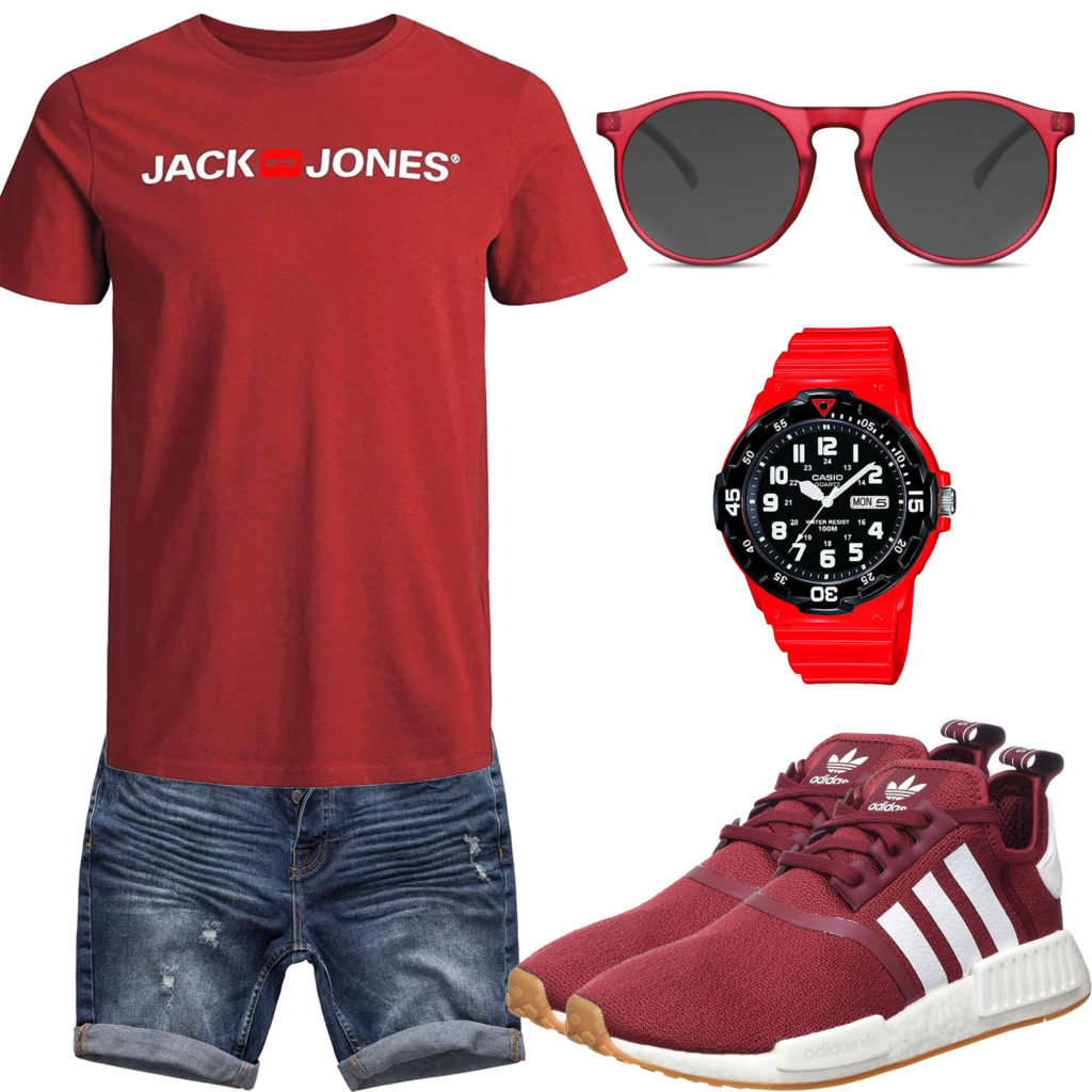 Rotes Herrenoutfit mit Shirt, Brille und Sneakern