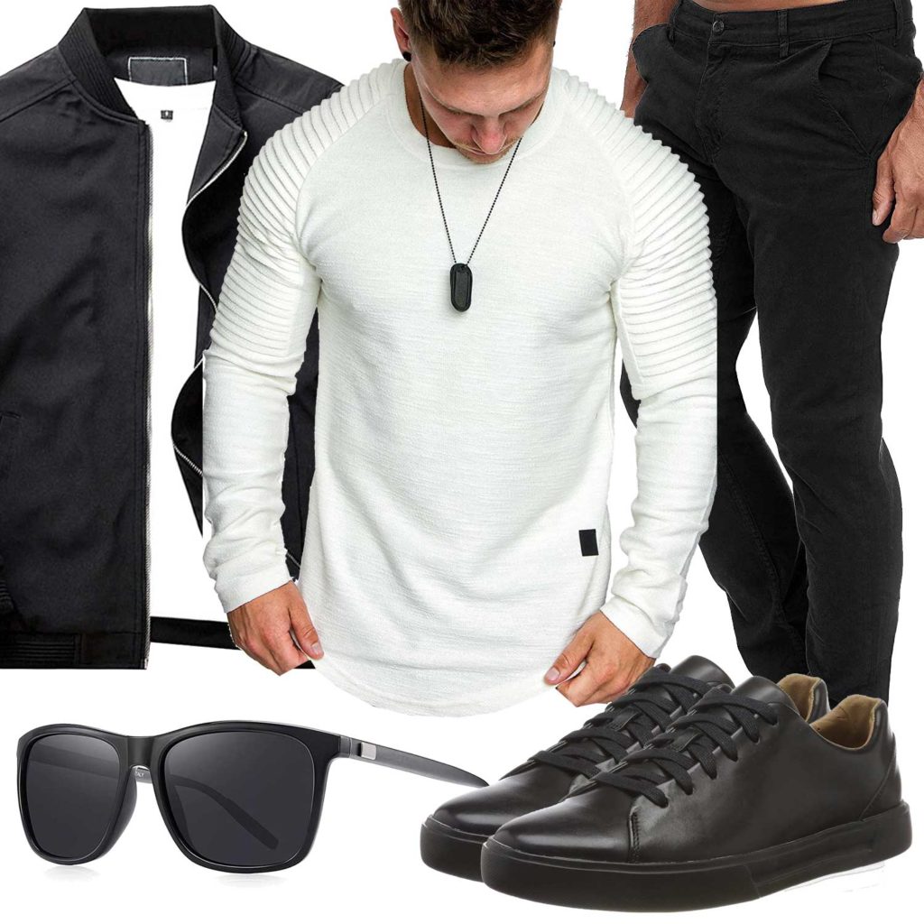 Schwarz-Weißes Herrenoutfit mit Pullover und Jeans