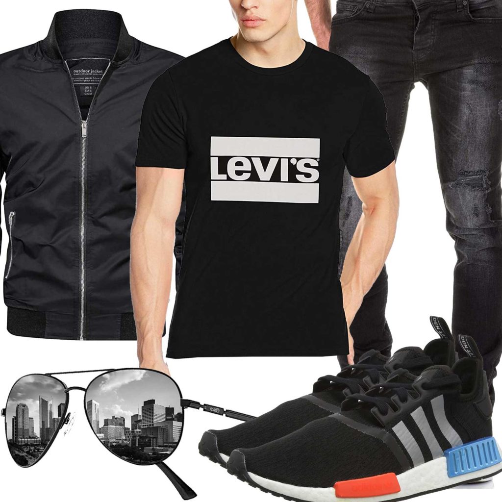 Schwarzes Herrenoutfit mit Shirt, Jacke und Jeans