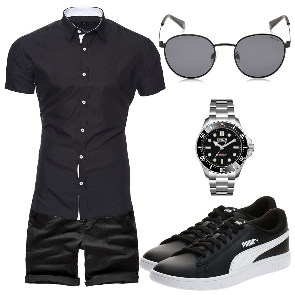 Schwarzes Sommer-Herrenoutfit mit Shorts und Hemd