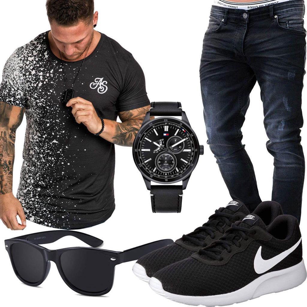 Schwarzes Sommer-Herrenoutfit mit Shirt, Jeans und Uhr