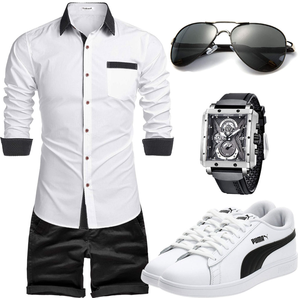 Schwarz-Weißer Style mit Hemd, Shorts und Brille