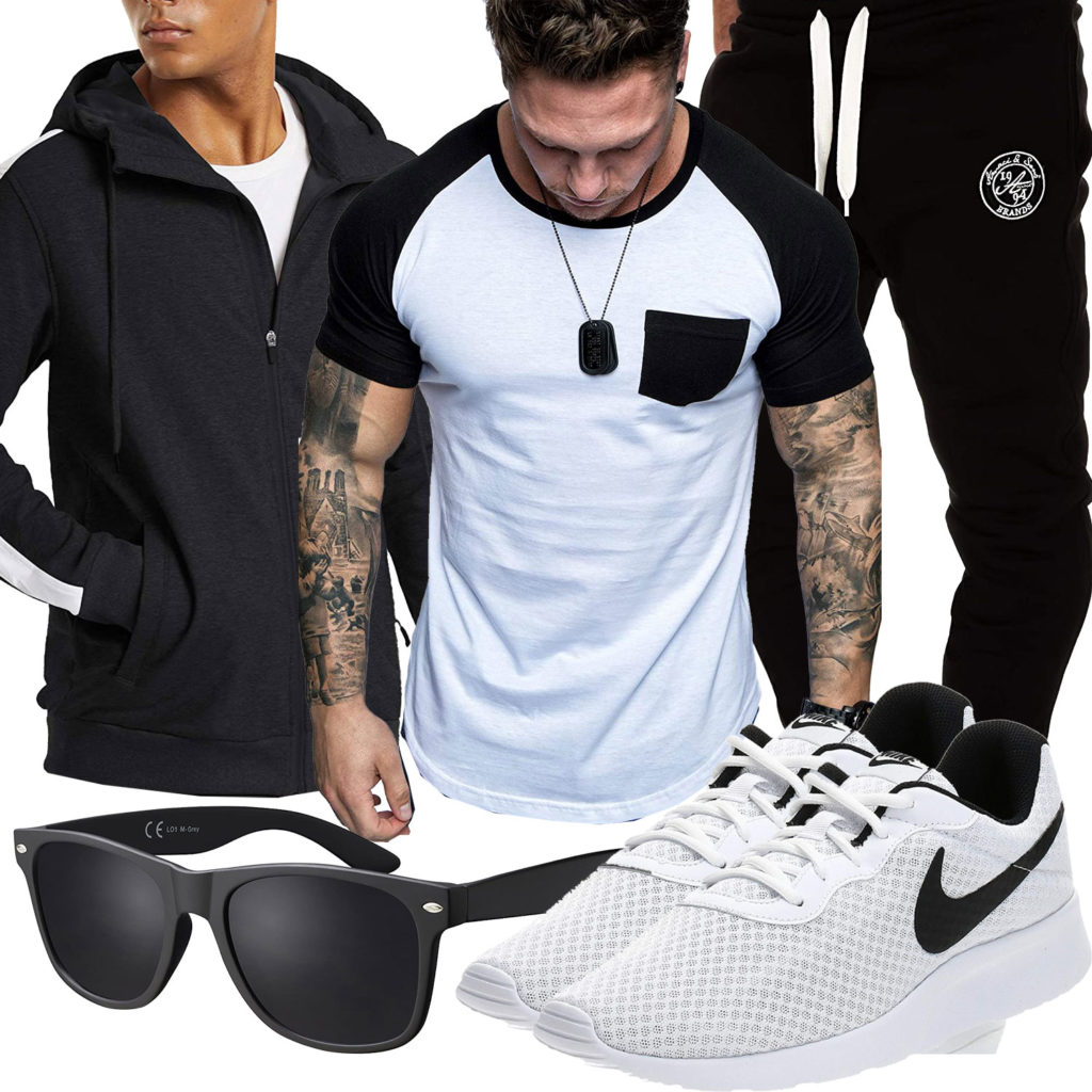 Schwarz-Weißes Herrenoutfit mit Hoodie und Shirt