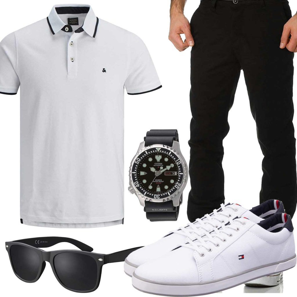 Schwarz-Weißes Sommer-Herrenoutfit mit Poloshirt